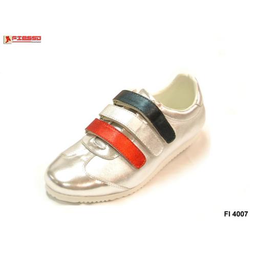 Fiesso Metallic Silver Genuine Leather Sneakers With Velcro Strap FI4007
